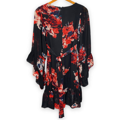 Black floral print flare sleeve ruffled dress SZ 6