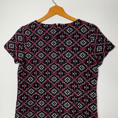 Loft maroon geometric floral pattern quilted jacquard mini dress SZ S