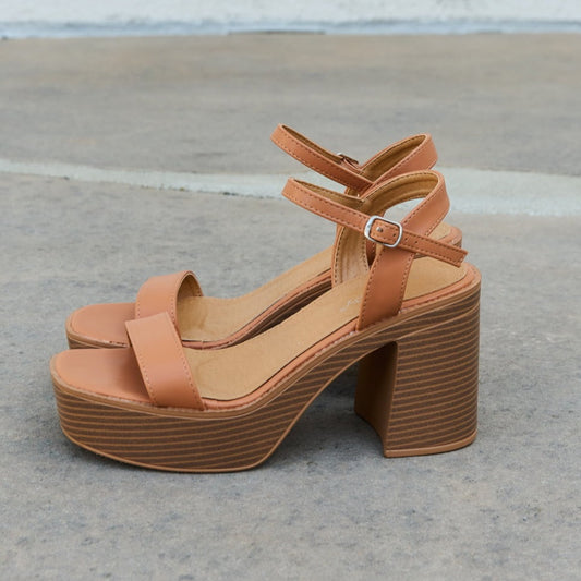 Feel It Cognac Leather Platform Heel Sandals