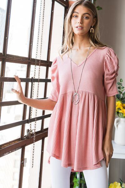 Waffle Knit Babydoll Top (S-3X)